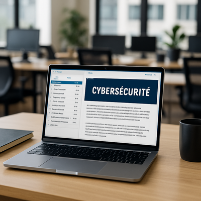 Bureau dans un open space avec un ordinateur portable dessus Lcran de lodinateur portable doit afficher un logiciel pour consulter ces email avec sur-1-1