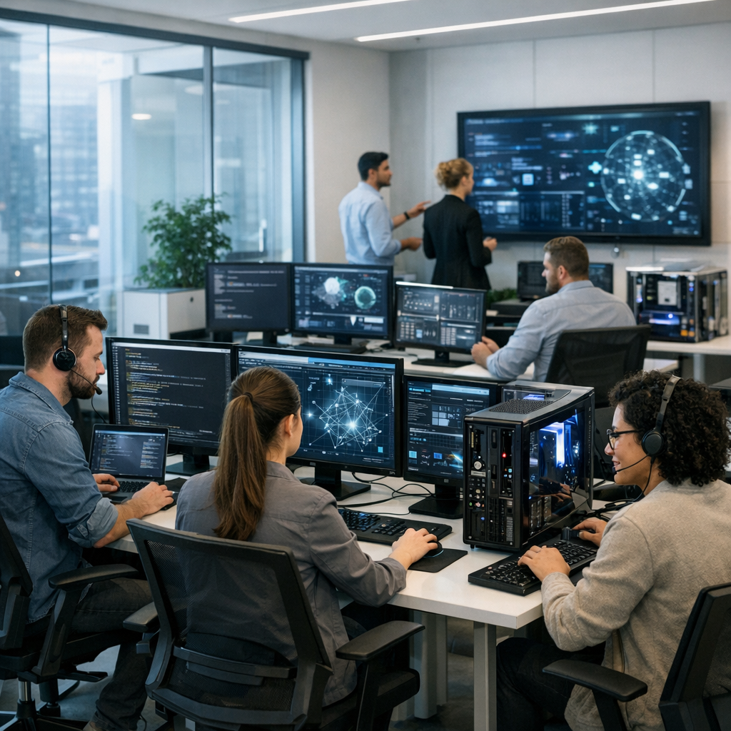 (IA Générative) Équipe professionnelle IT travaillant dans un bureau moderne et épuré avec des solutions technologiques