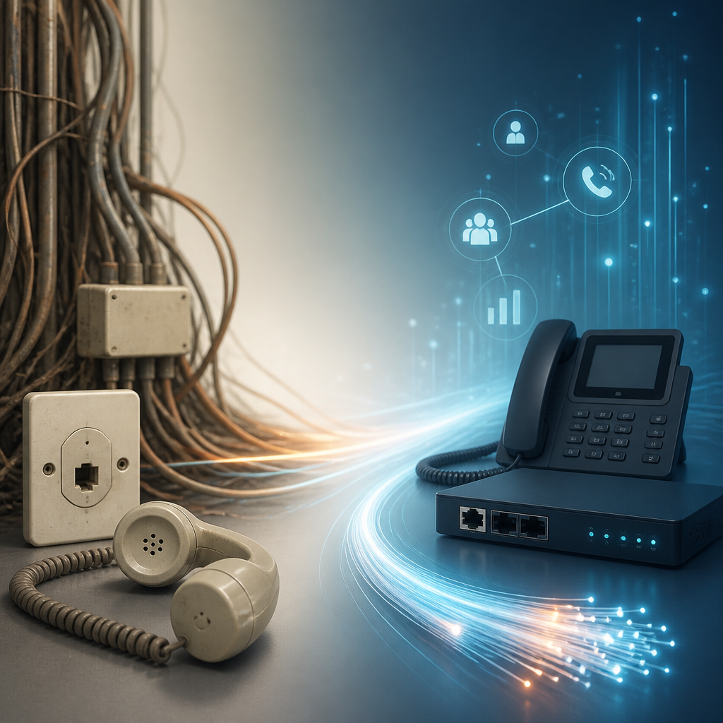 Illustration de la transition du réseau cuivre vers la fibre optique et la téléphonie IP